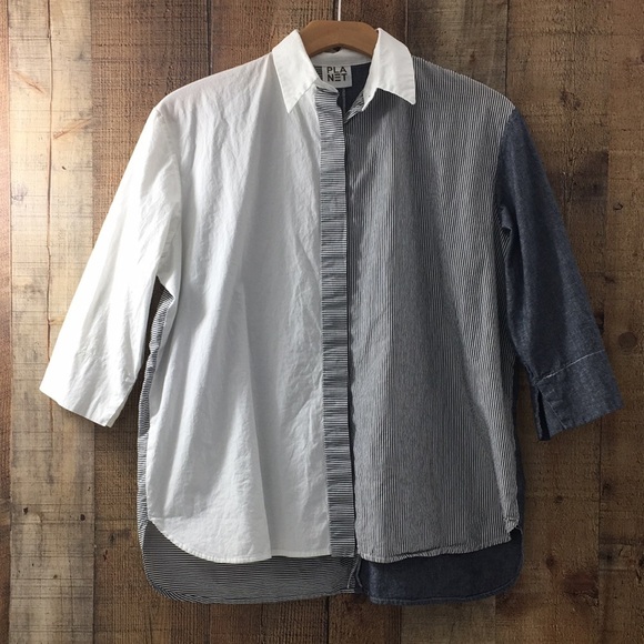 Planet Blue White Stripe Button‎ Front Shirt Womens 1 4-8 Long Sleeve Colorblock - Picture 2 of 16